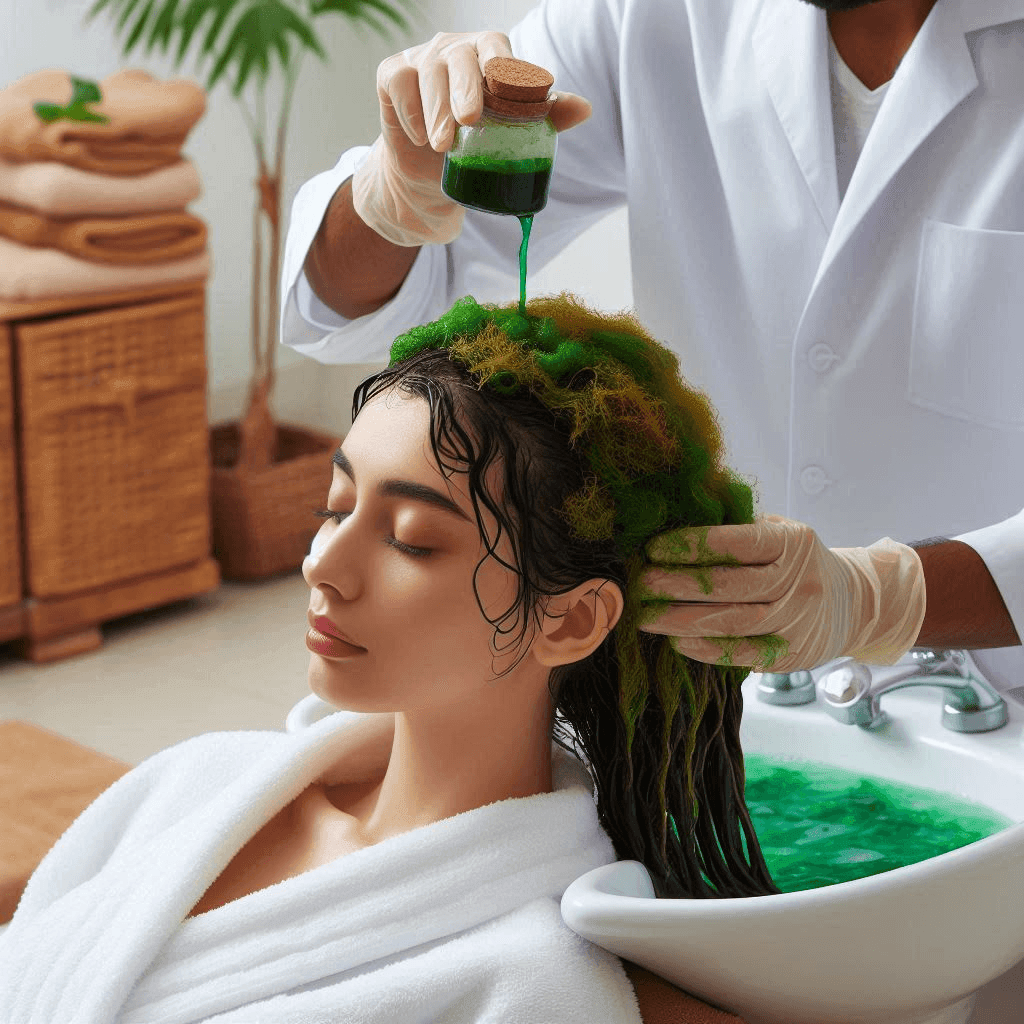 Person receiving a green herbal hair treatment by a professional wearing gloves in a spa setting.