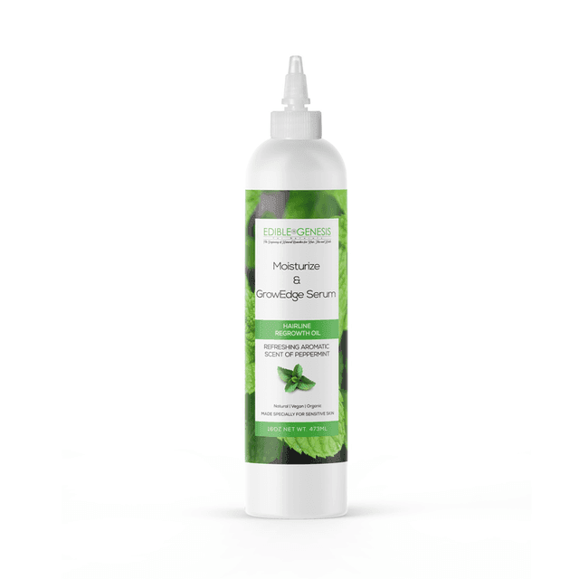 Moisturize & GrowEdge Serum is a vegan multi-use edge regrowth serum that is handmade with edible ingredients. GrowEdge Serum is infused with organic avocado and 20 unique organic plant, herb, and fruit extracts that nourish your hairline with vegan food. Our chemical-free hairline regrowth serum is salon-proven to restore your hairline naturally.