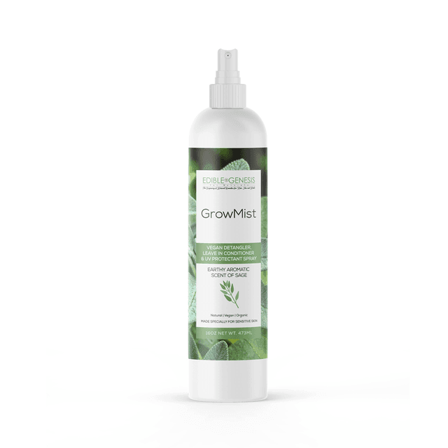 GrowMist is a vegan multi use detangler, leave in conditioner and uv protectant spray that is safe to eat. GrowMist is infused with organic sage and 5 unique organic plant, herb and fruit extracts that feed your hair vegan food. Our Herb infused spring water is salon proven to revitalize both body and mind by stopping unhealthy levels of stress caused by hair loss.