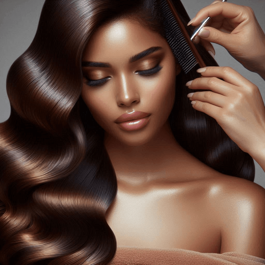 Woman with smooth, glossy hair being styled by a hairstylist using a comb.