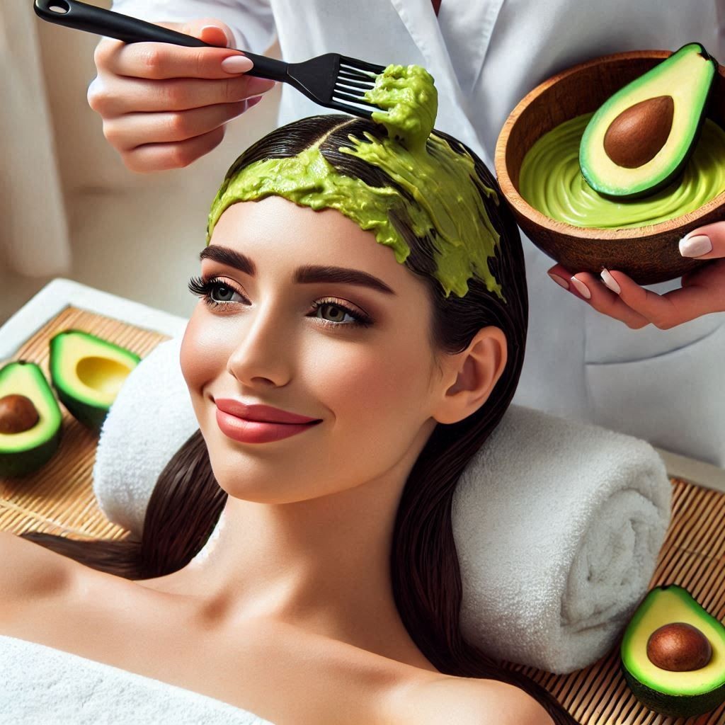 Woman receiving avocado hair mask treatment at a spa, smiling and relaxed.