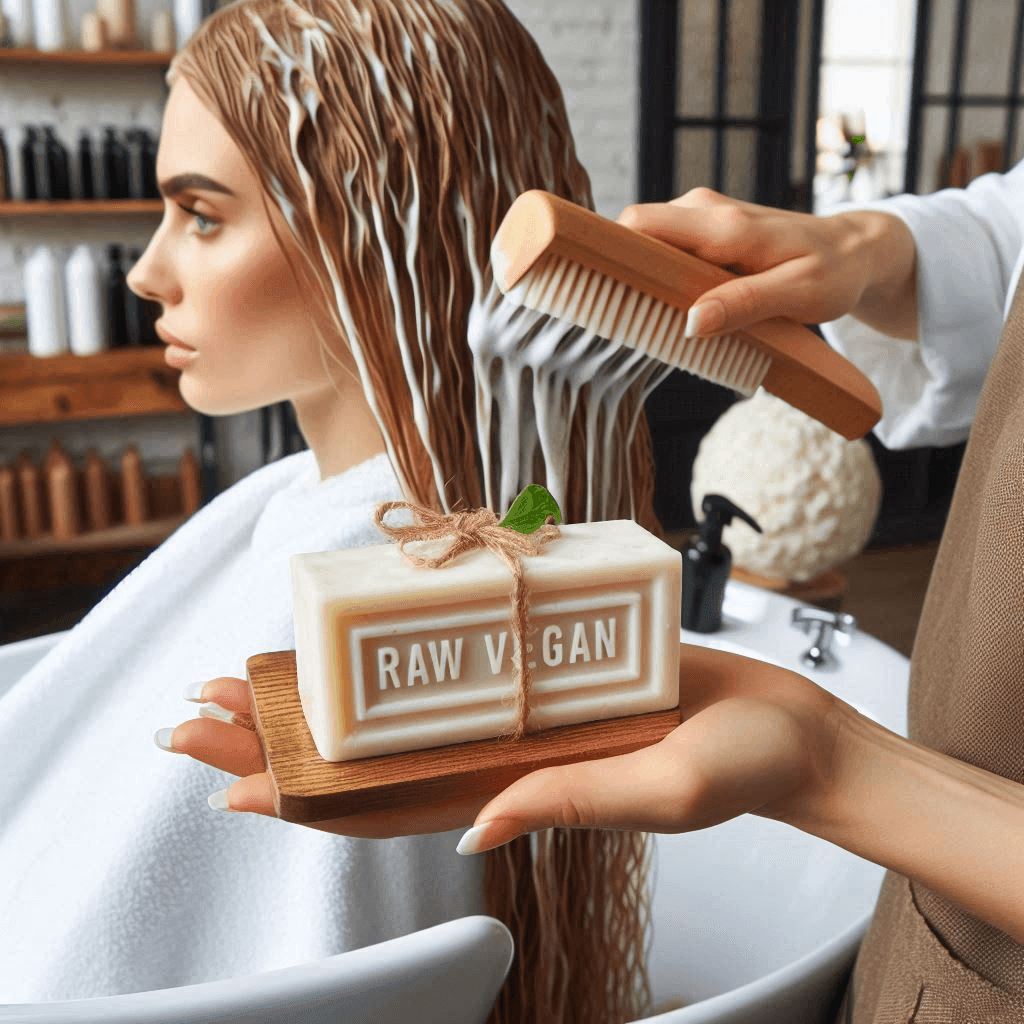 Person combing hair treated with cream, holding a Raw Vegan soap bar in a salon.