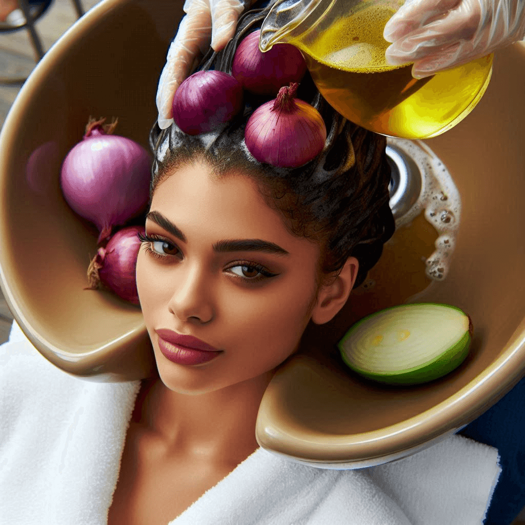 The service includes a rejuvenating organic onion juice rinse, after the shampoo and conditioning treatment. The onion juice is a natural remedy that provides the necessary amino acids and B vitamins that aid in cell regeneration that results in the restoration of hair follicles.