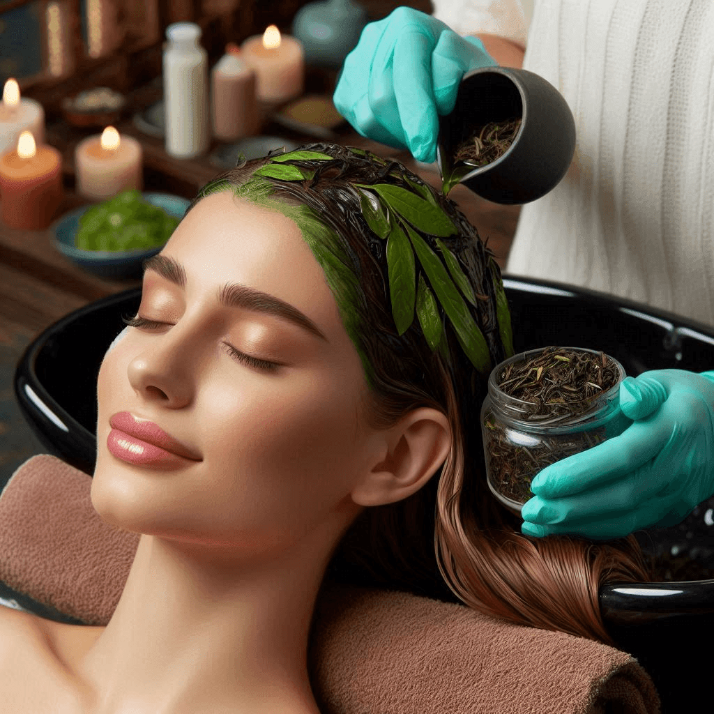 The tea rinse includes cool spring water and organic tea rinse, done after the shampoo and conditioning treatment. The green tea rinse is made from fresh tea leaves, turmeric, moringa, and lions mane, helping to soothe and calm inflamed scalps, and promote cell rejuvenation to stop hair fall and boost new hair growth. 