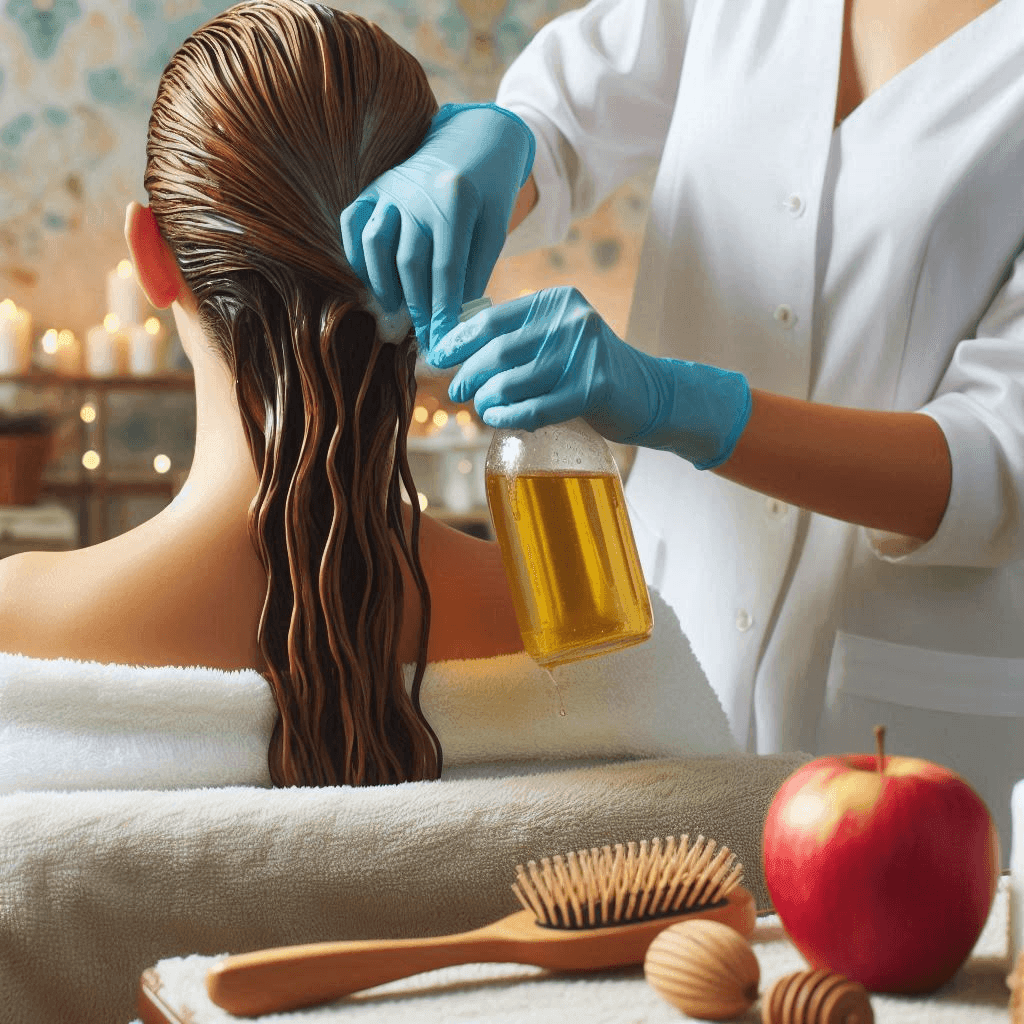 The service includes a cool spring water and organic apple cider vinegar cleanse done with the shampoo. The apple cider vinegar detox balances the skin's pH and clears the hair follicles of buildup or an overly oily or dry scalp.